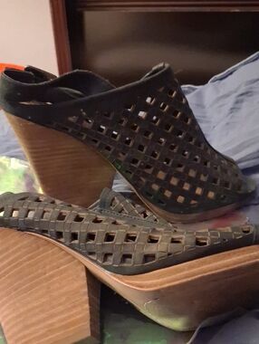 Vince Camuto Black Leather Cutout Block Heel Mules